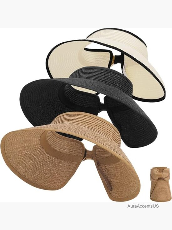 3 Pack Foldable Wide Brim Sun Visor Hats for Women Ponytail Beach Hat Summer main image 7